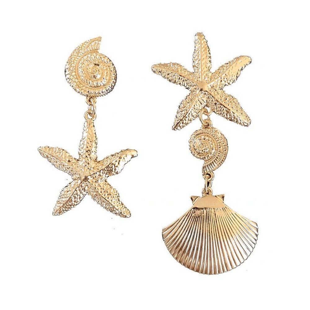 🐚 Starfish Seashell Conch Nautical Beach Gold-tone Asymmetrical Earrings NEW